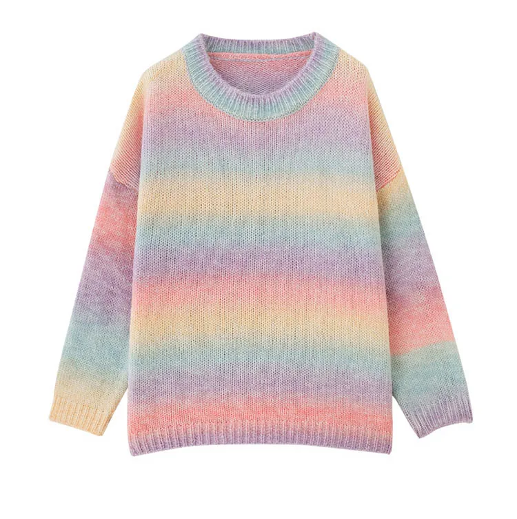 Japan Fashion Knit Sweater Rainbow stripe Pullover Loose Cocoon Lazy Style Knit Top