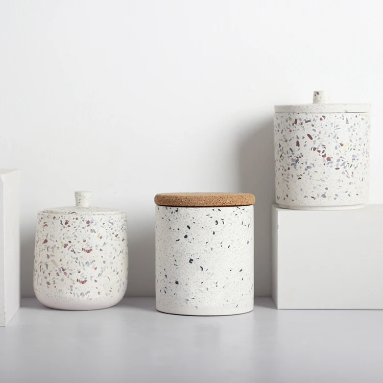 
Delicate fancy terrazzo unique custom cylinder matte cheap luxury empty matte home decoration candle jars with wood lids 