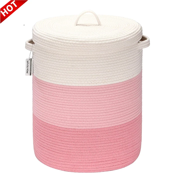high quality Pink Fabric Cotton Rope Baby Toy Laundry Basket Folding Woven Storage Basket with Lid