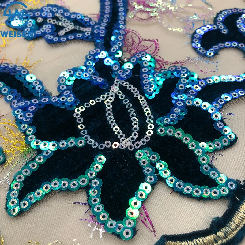 WS30089 High Feedback Floral Embroidery Sequins Net Lace Fabric Embroidered Sequined 3d Lace Fabric