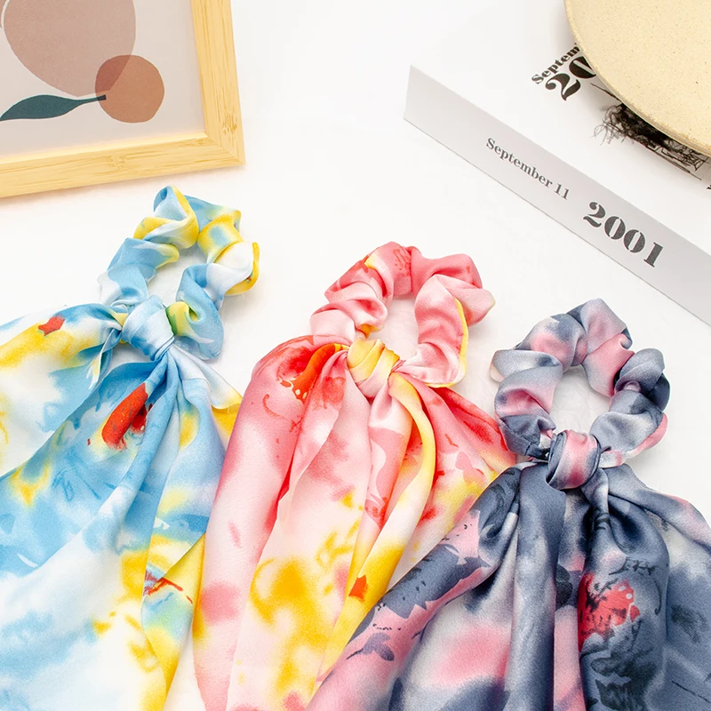 
Fashion Girl Multi Print Elastic Color Graffiti Hair Scrunchies Hair Tie Long Scarf Scrunchies For Women 