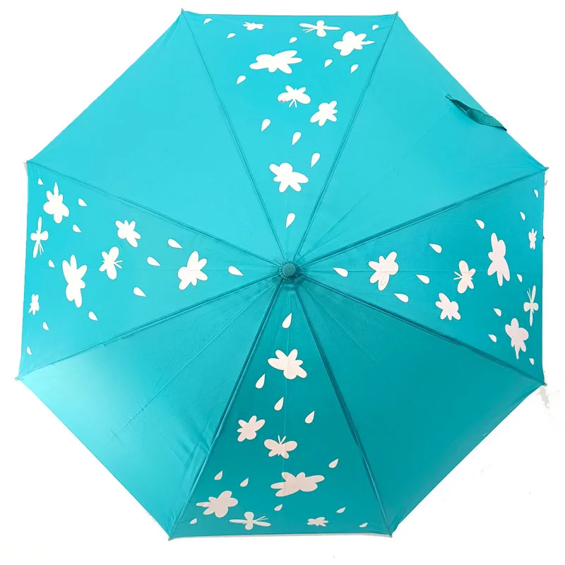 Lake Blue Butterfly Change Color Customized Logo Print Semi-automatic Windproof Straight Umbrella With Matching Color J Handle