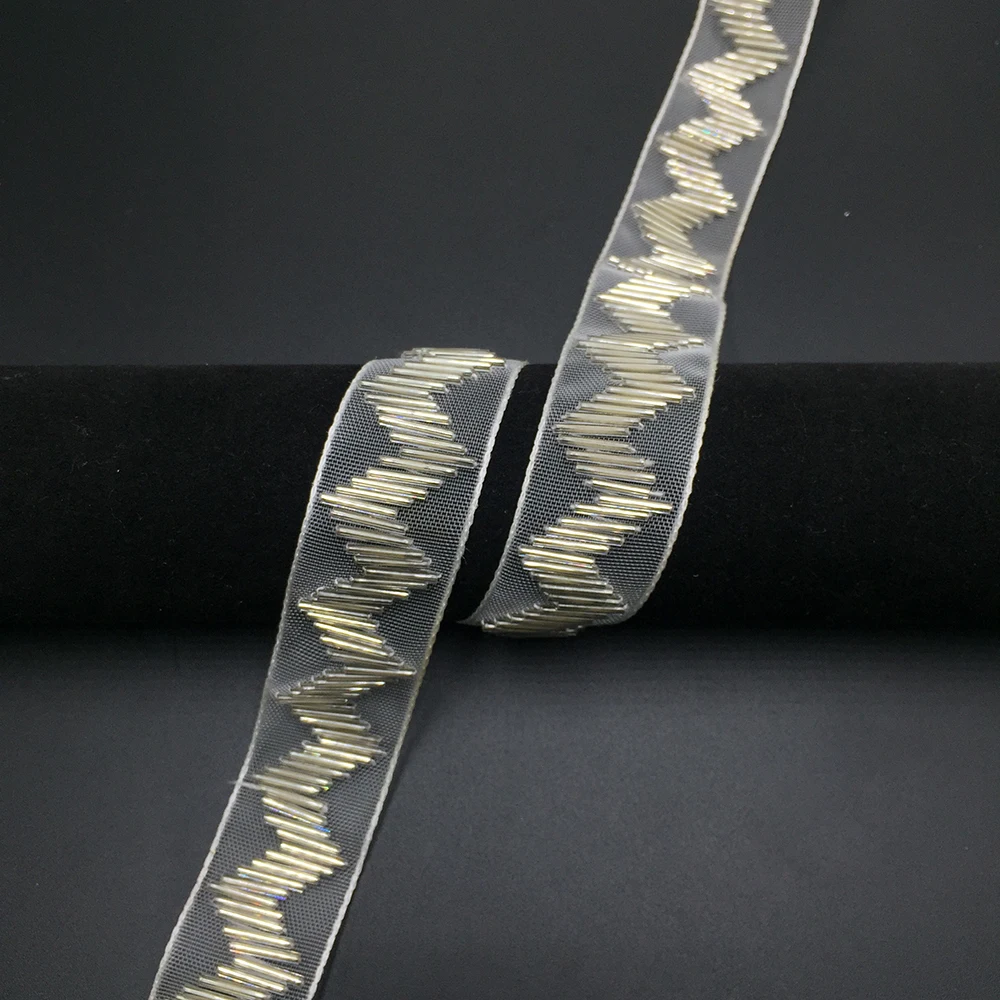 Factory Prices White Beaded Trimmings Sequins Lace Trimming with Pearl As Base Decoration