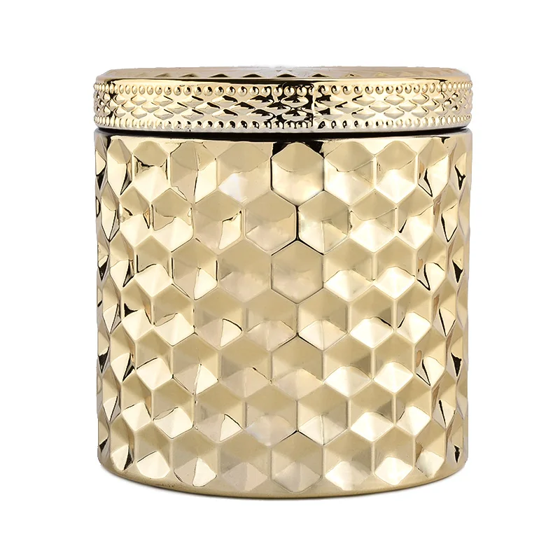 Diamond Glass Candle Jar GEO Cut Glass Candle Vessel Gold Glass Candle Holder With Lids