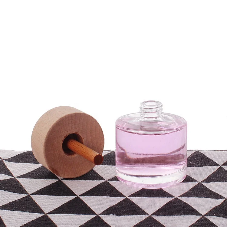 Round transparent aromatherapy bottle 50ml glass car perfume diffuser bottle with wooden lid