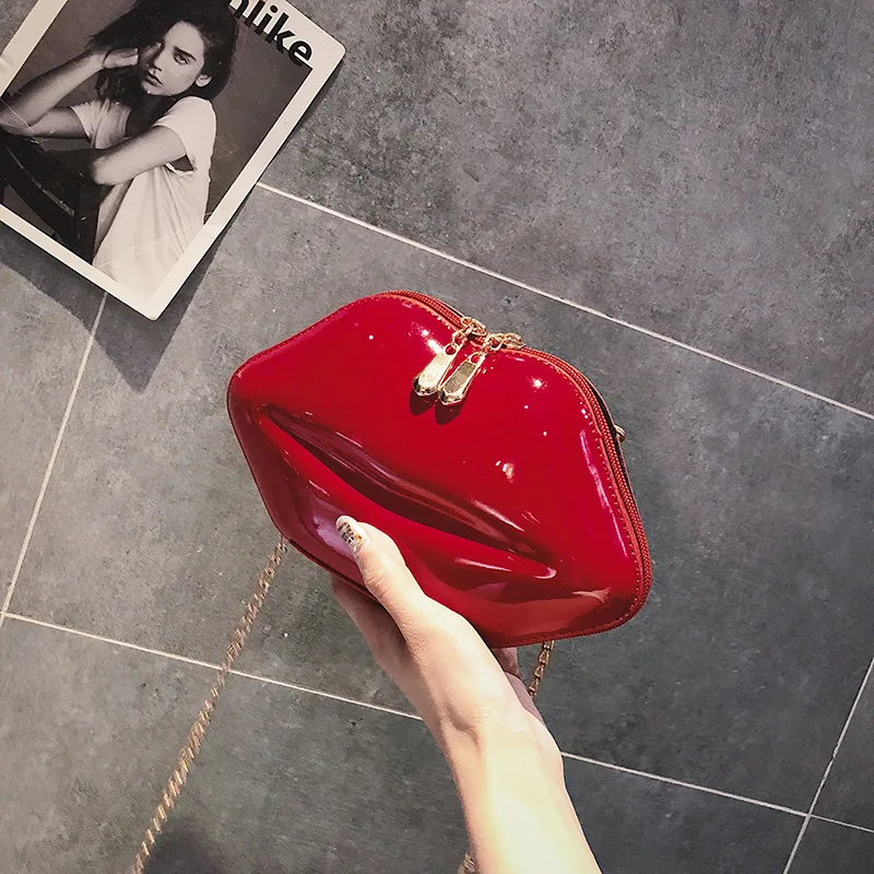 lips fashion creative patent leather clutch evening bags women party chain shoulderbags