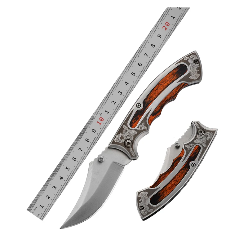 Free Sample Satin Polished Clip Point Hunting Color Wood Handle Folding Knife CNC Blade Skinning Knife Outdoor Camping Survival