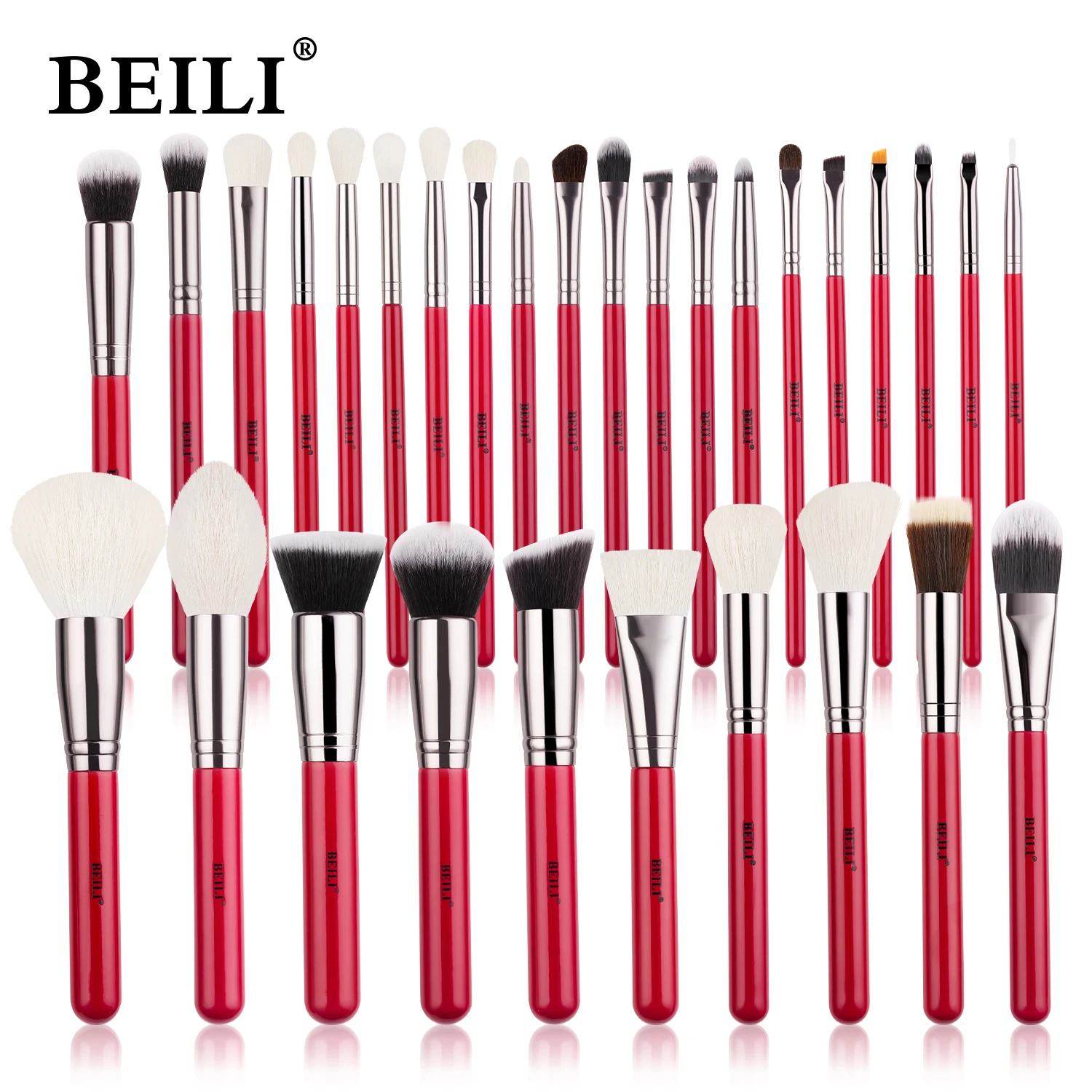 BEILI Red 30pcs make up brushes Private label Natural goat pony hair Matte handle face makeup brush set stock brochas maquillaje