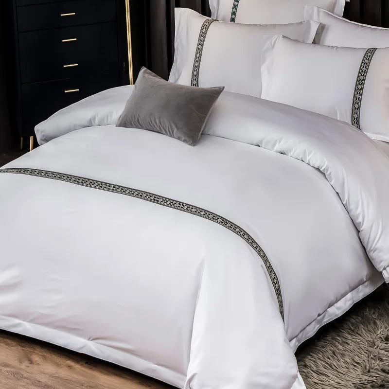 Hotel 4 pieces bedding set 60s pure cotton white satin bed sheets pillow case duvet cover hotel linen bedding set
