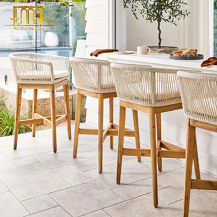 Patio Furniture Teak Wood Leg Rope Outdoor Bar Stools With Arm