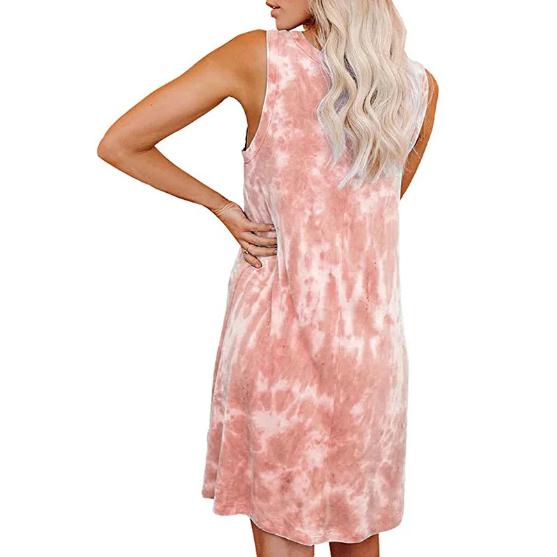 Women Casual Short Dress Tie Dye T Shirt Dress Crew Neck Sleeveless Loose Stretchy Summer Tank Mini Dress