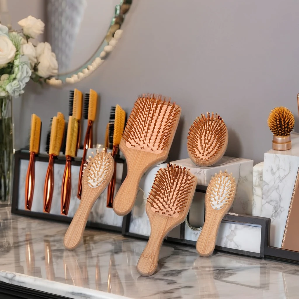 Eco Friendly Healthcare Natural Bamboo Massage Curly Hair Brush Airbag Detangling Bamboo Wooden Wood Hair Comb With Brand