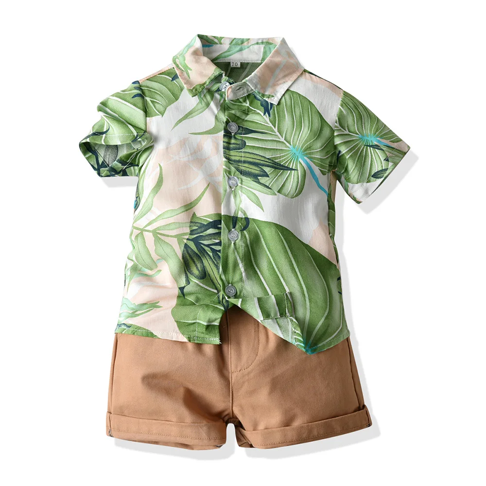 Summer Boy Clothes Outfit Set Toddler Baby Boys Clothing Hawaii Shirt Shorts Printed Flower Leaf Boy Set 1-5 Years Kids Suit