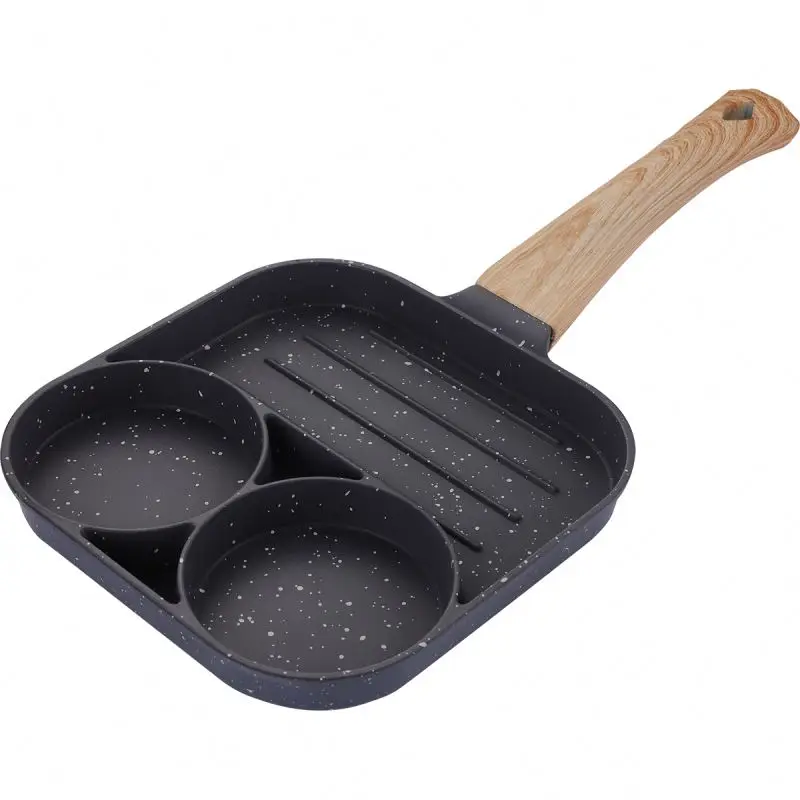 Low price Good quality Three Hole Healthy Egg Frying Pan  with  bakelite wood Handle