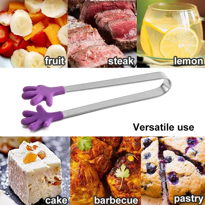 Non-slip Palm Shape Mini Cute Silicone Ice Food Serving Tongs Stainless Steel Ice Cube Tongs