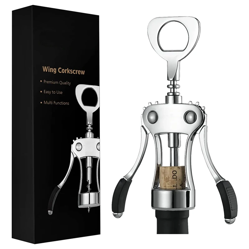 Wing Corkscrew Zinc Alloy Premium Wine Bottle Opener Manual Multifunctional Cork Screw Waiter Heavy Duty Silver Wine Opener