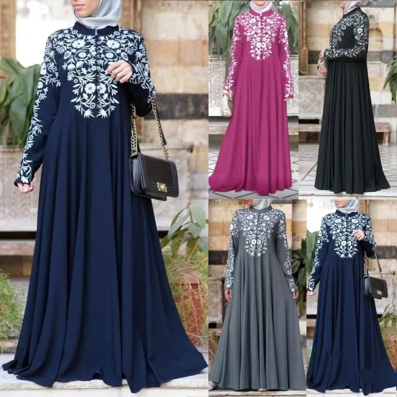 Elegant 2024 Muslim Robe With Long Sleeves and Standing Neck Floral Print Flare Ethnic Dress