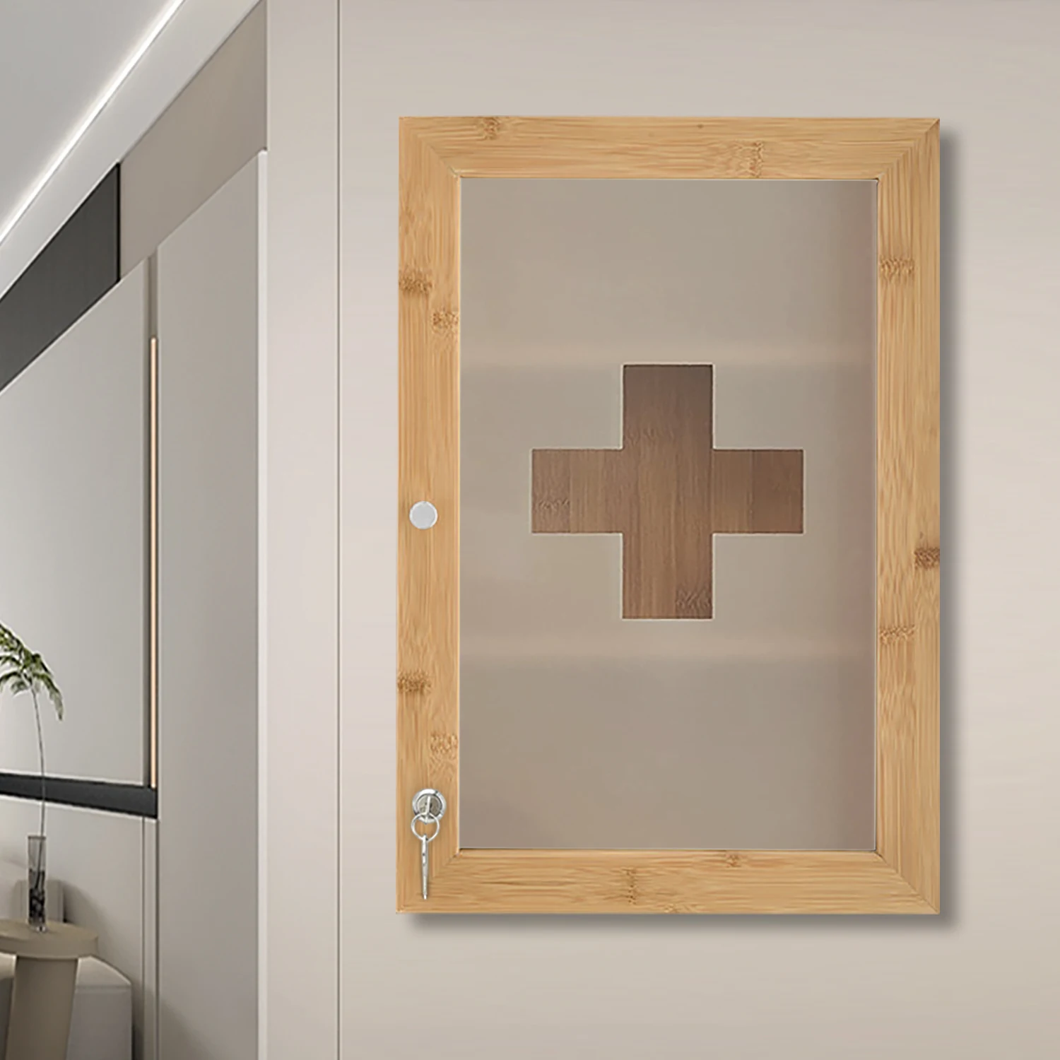 Bamboo Wall Mounted Cabinet with Lock 3 Layer Storage Shelves Bathroom First Aid Medicine Cabinets with Safety Glass Door