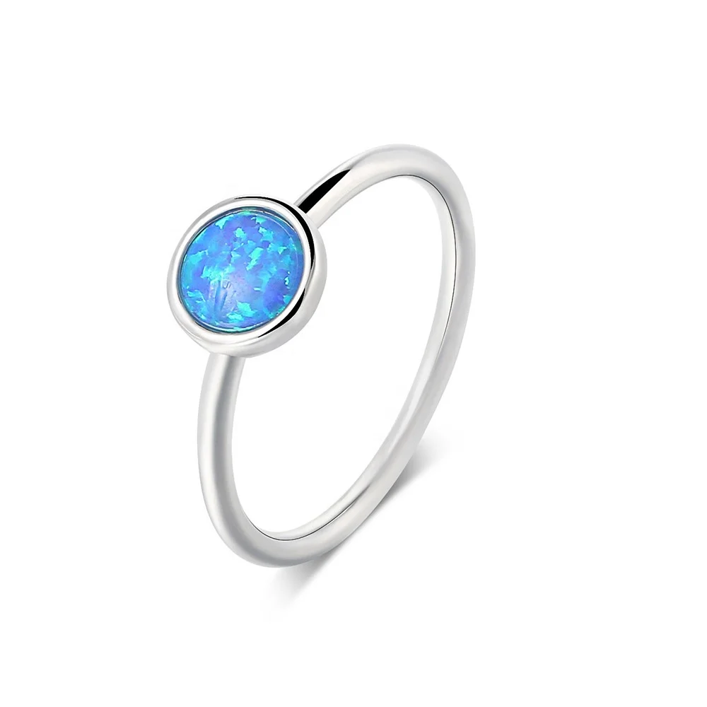 Cheap Women Female Eternity Jewelry Dainty Thin 6mm Round Blue Fire Opal Ring DZR032