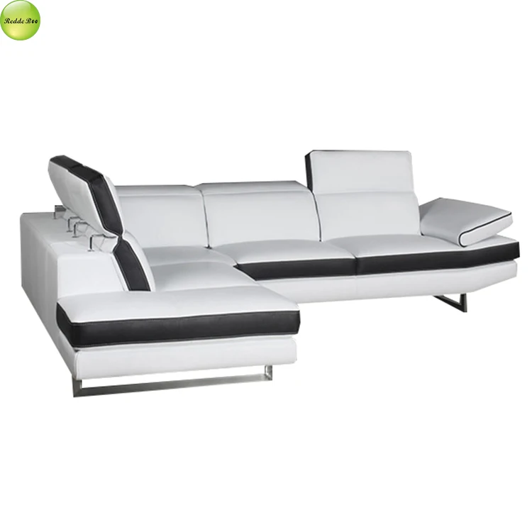 Italian Design Luxury Black And White Lounge Sectional Long Leather Left Shape Sofa Set Living Room Sofa