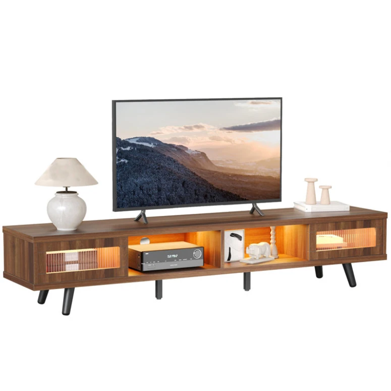 Mid Century  walnut TV Stand, LED Light Media Console TV Cabinet With Cable Management