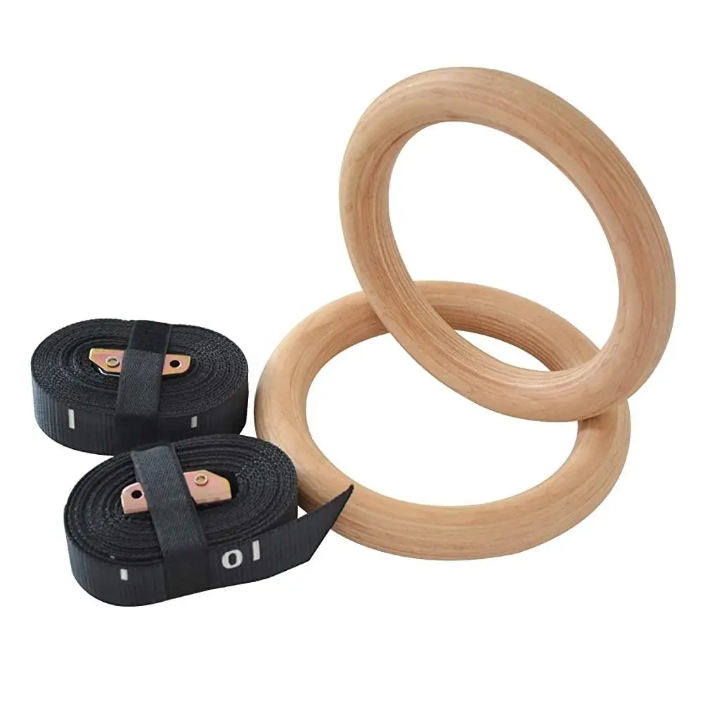 Professional artistic 28mm kids gymnast ring handle with adjustable straps wood gymnastics rings wooden