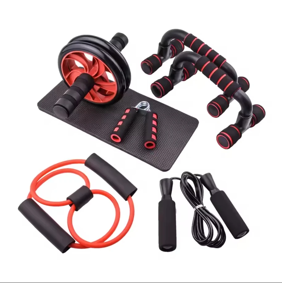 5-in-1 Home Gym Fitness Set with AB Wheel Roller Push up Stand Jump Rope Hand Grip Resistance Band Abdominal Wheel
