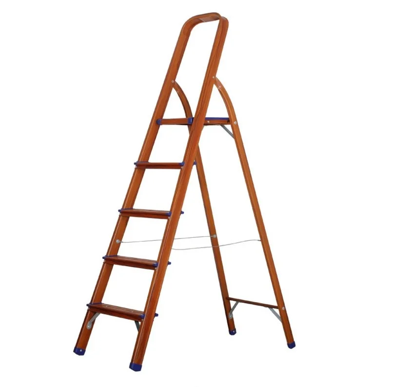 MOQ 200 PCS Japanese Market Household 5 Steps Aluminum Folding Ladder With Wooden Grain Finished, Five Steps Home Use Ladder