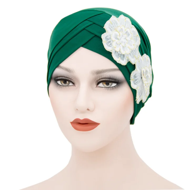 Wholesale Forehead Cross Flower Hat Women Turban Head Wrap Arab Muslim Beanie Cap Female Hair Bonnets Indian Opp Bag Dobby 50pcs