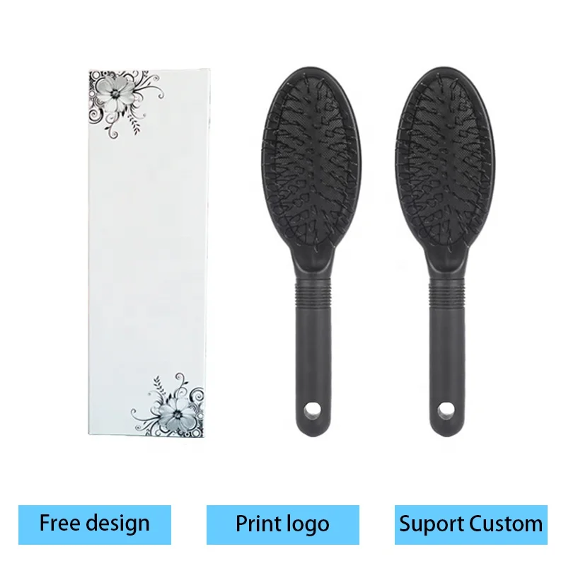 Customized logo black cushion wig brush plastic handle nylon hair extension loop hair brush
