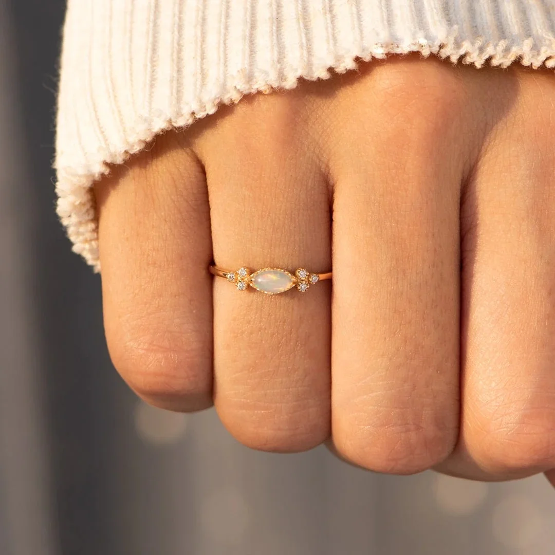 Dina Dainty Women 925 Sterling Silver Horse Eye Opal October BirthStone Minimalist Ring Stackable Gold Promise Ring Wedding Band