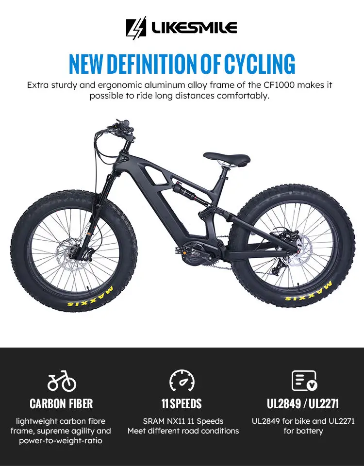 Carbono fibra bicicleta electrica E MTB 1000 Вт Bicicleta de montana con мотор центральный para neumaticos gordos