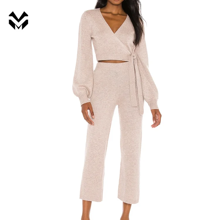 Aw 2020   Full Sleeve  2 Piece Set Crop Top And  Wide Leg Pants Women Set   Knit Women Lounge Wear