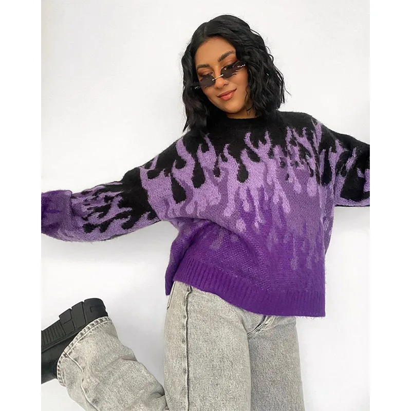 2021 Winter y2k Streetwear Flame Purple Jacquard Wool Women Knit Pullover Jumper Mohair Sweater