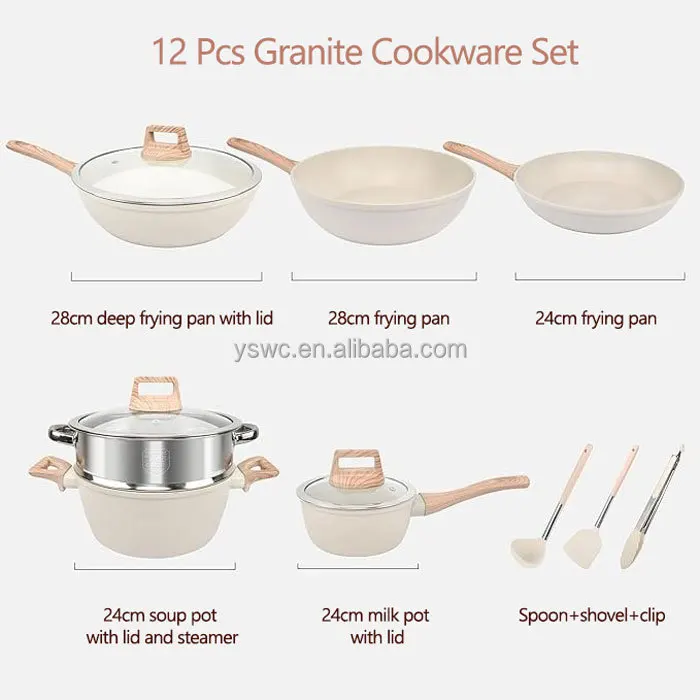Wholesale 12pcs set Die Cast Aluminum Ceramic Coating Non stick Granite Cookware Set Kitchen Cooking Pots and Pans Pot Set