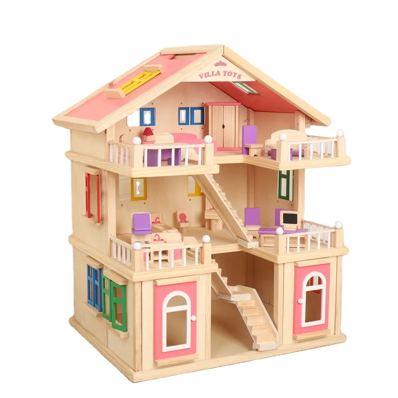 High Quality Amazon Hot Sale Pretend Toy Kids Wooden Doll Villa with Doll Room Furniture Doll House