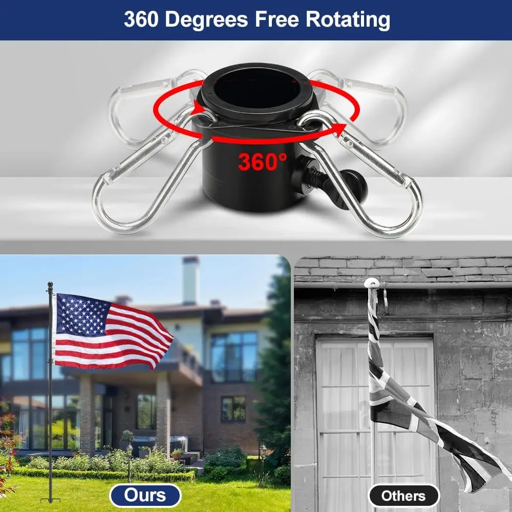 outdoor Yard 9 ft Tangle Free  Flag Pole Kit with 4 Anti-Tip Prong Base  black silver stainless steel flag poles