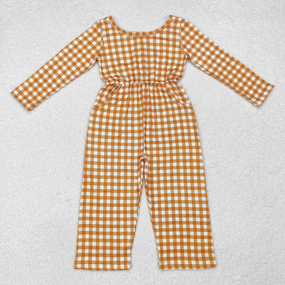 RTS Baby Girls Toddler Light Brown Small Flowers Long Sleeve Boutique Bell Bottom Infant Children Kids Buttons Jumpsuits Rompers
