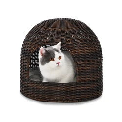 Modern Stylish Design Pet Furniture Washable Cat Cave Round House Artificial Rattan Wicker Cat Bed