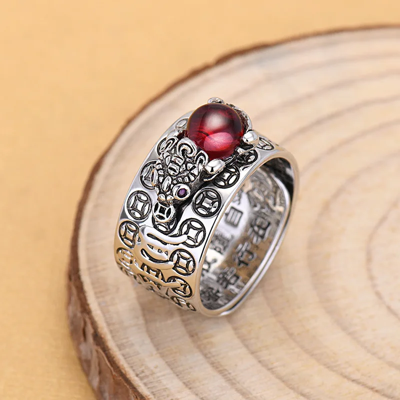 Chinese Lucky Money Rich Healthy Red Crystal Piyao Pi Yao Toad Ring Buddhism Jewelry Silver Plated Ruby Pixiu Open Rings For Men