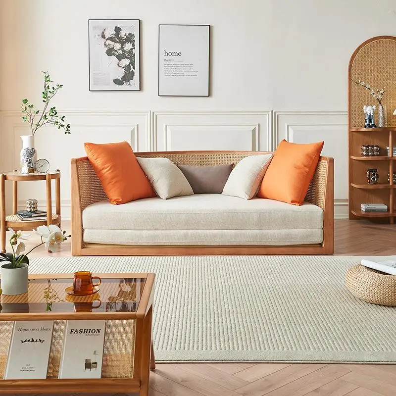 190cm Wabi-sabi style double sofa bed folding arc bed solid wood rattan sofa bed