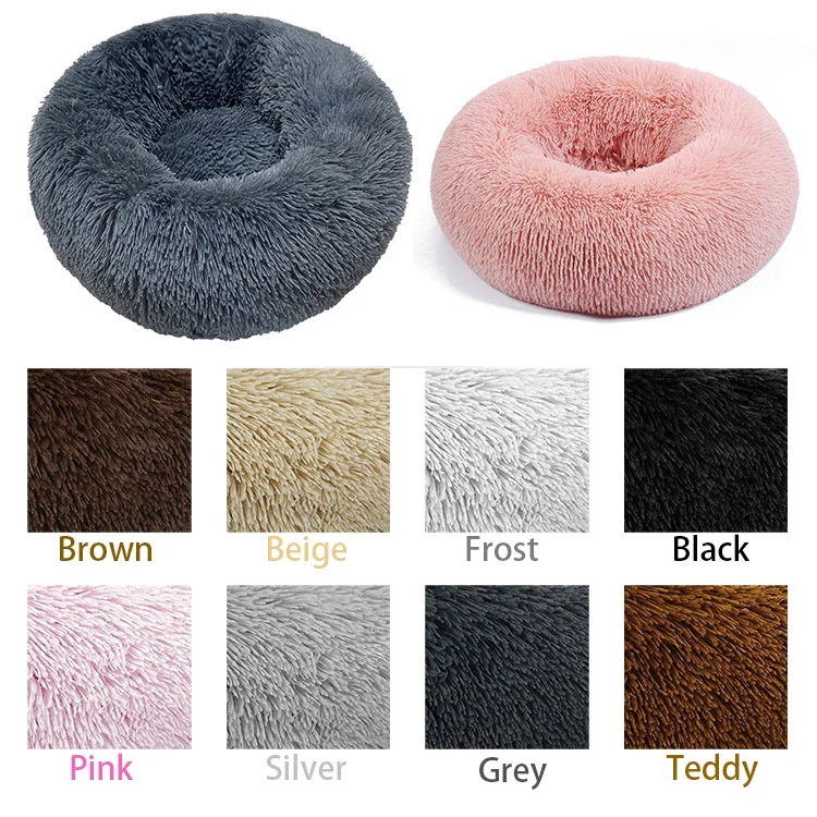 Pets Dropshipping Soft Warm Faux Fur Donut Dog Bed Calming Plush Luxury Fluffy Pet Bed Round Washable With Custom Logo