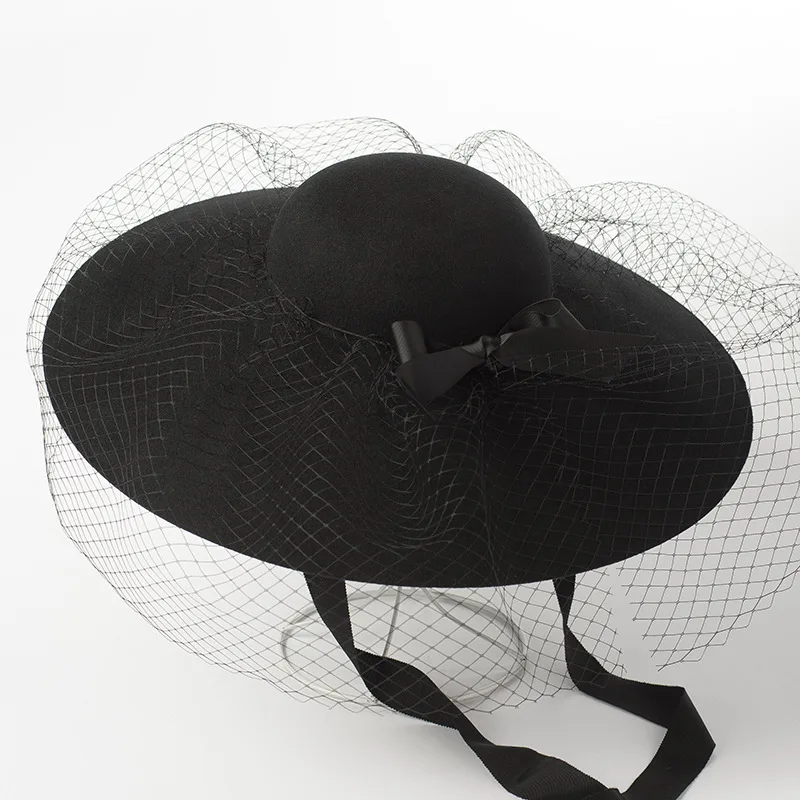 black Womens Wool Felt Floral Veil Netting Feather Wide Brim Derby Hat