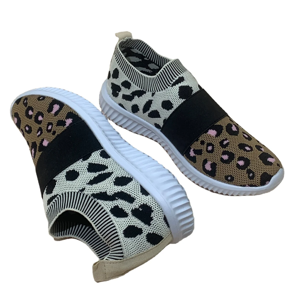 
Wholesale 2020 Fly Weave Large Size Comfortable Round Head Leopard Print A Foot Flat Sports Shoes 