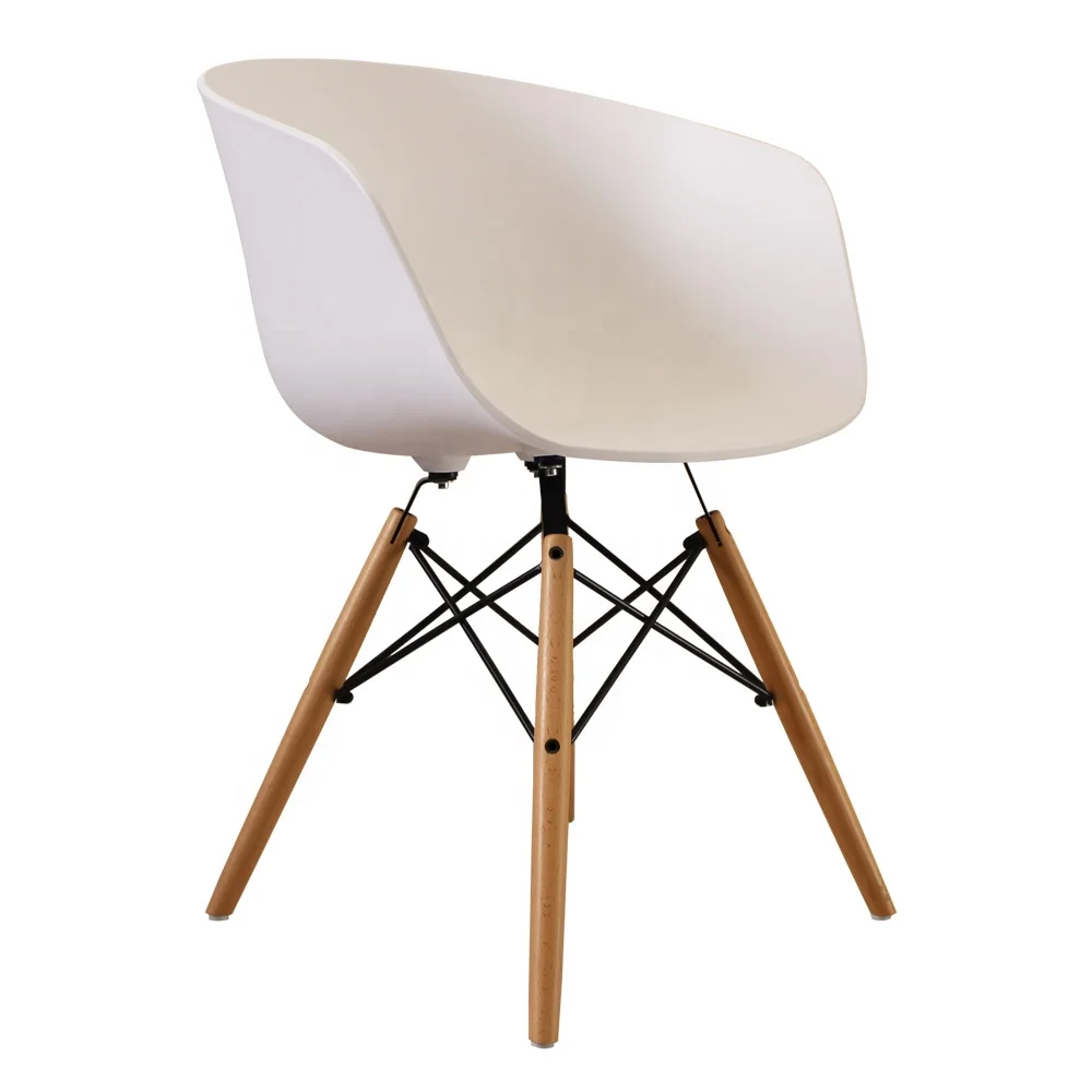 Contemporary white nordic armrest cafe dining chair with wooden leg