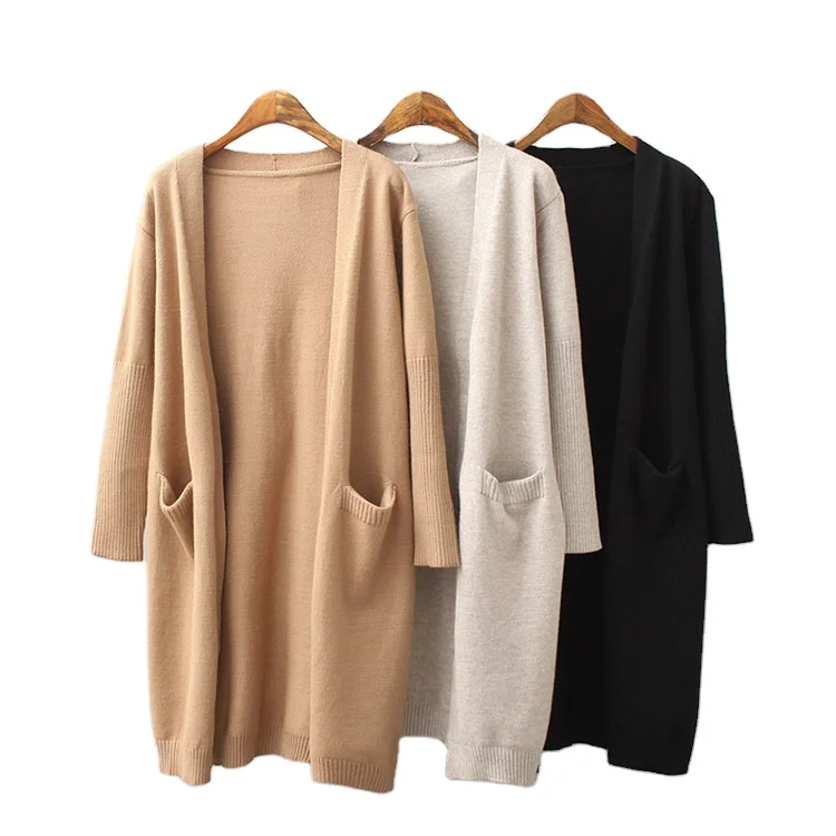 Solid color korea long cashmere cardigan sweaters knitted coat with pockets