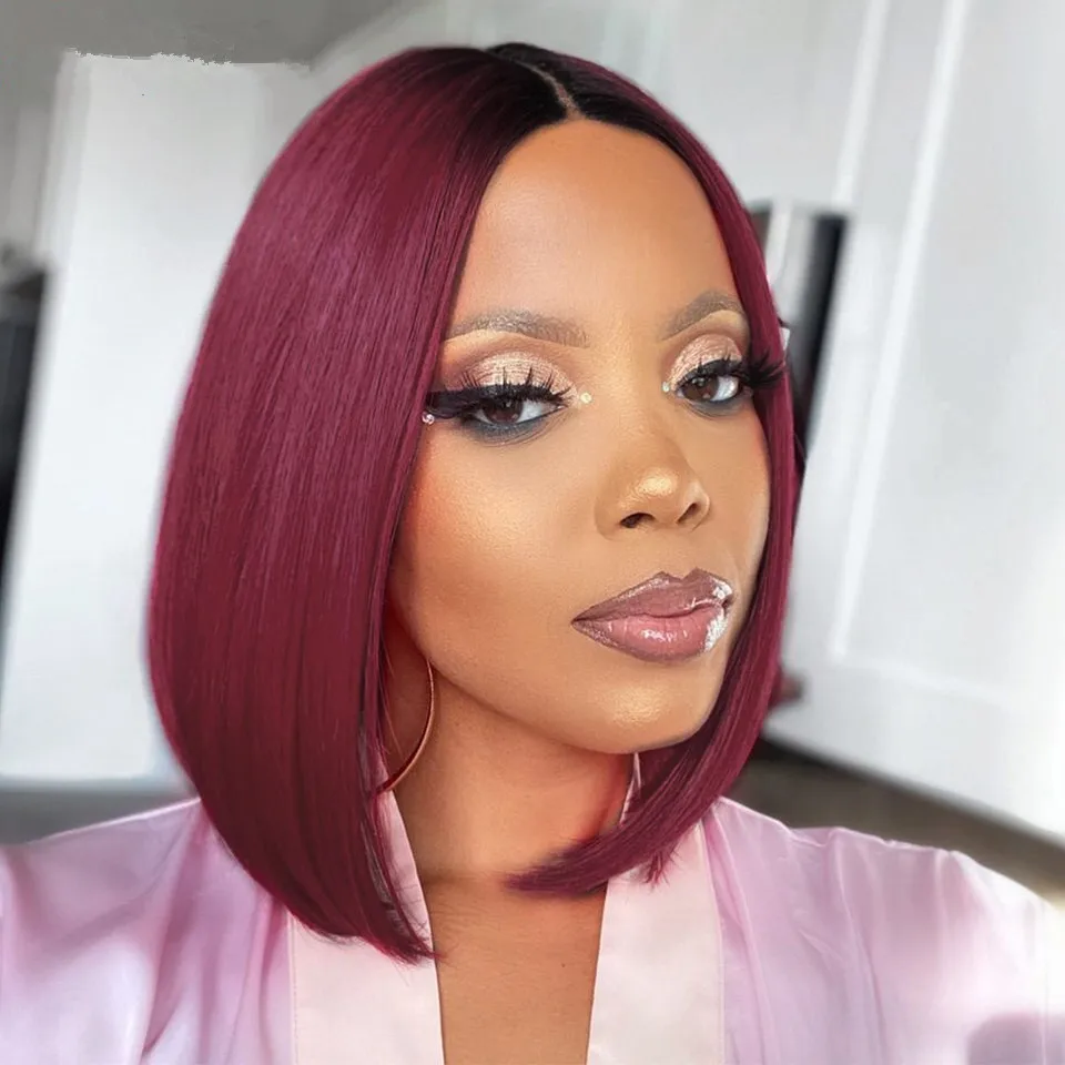 Hot selling 180% density transparent lace front 99j burgundy color short bob wig 100% human hair wigs for black women
