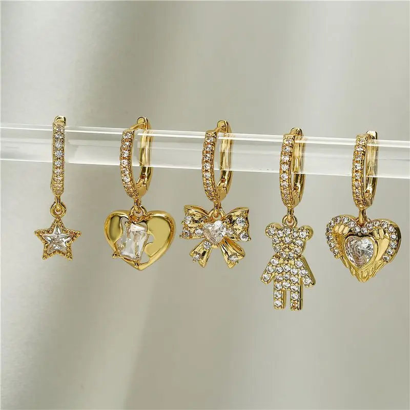 New Fashion Bow Tie Little Bear Pendant Earrings Gold Plated Pink Zircon Star Heart Small Hoop Earrings Exquisite Women Jewelry