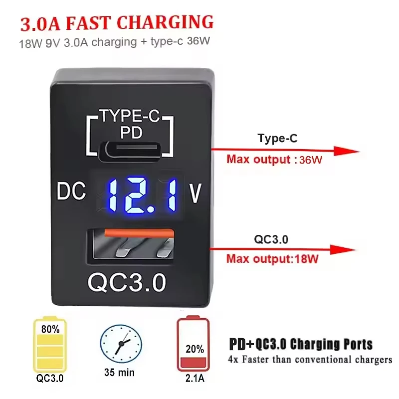 18 Вт USB QC3.0 + 36 водонепроницаемый 12-24 В DC дисплей напряжения автомобильное зарядное устройство с быстрой зарядкой 1 год гарантии Тип C PD материал для ПК