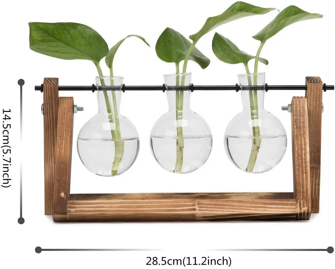 3 Tubes Hydroponic Wooden Frame Flower Home Decor Propagation Station Transparent Crystal Terrarium Flower Glass Vase